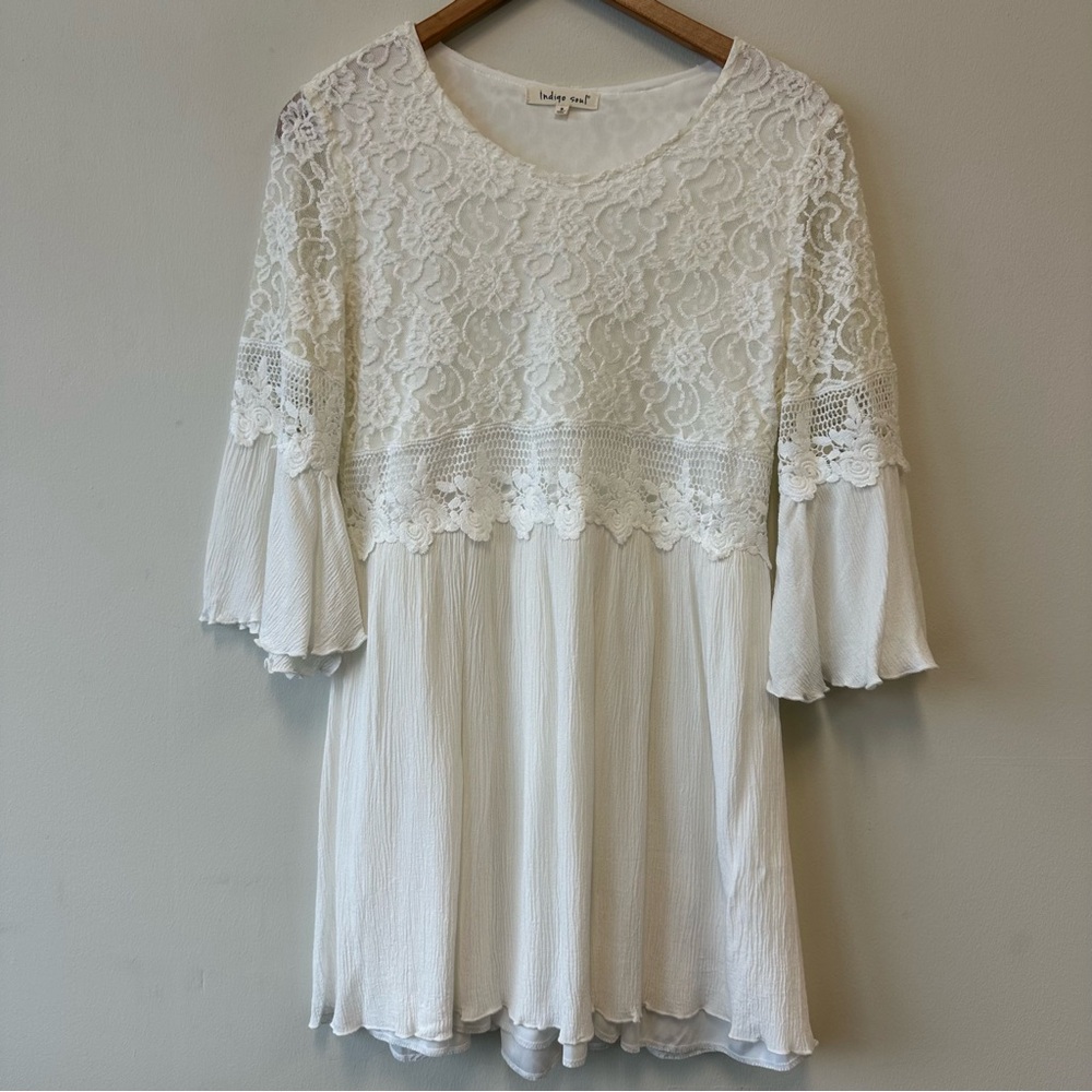 Indigo Soul Boho White Lace Bell Sleeve Dress
